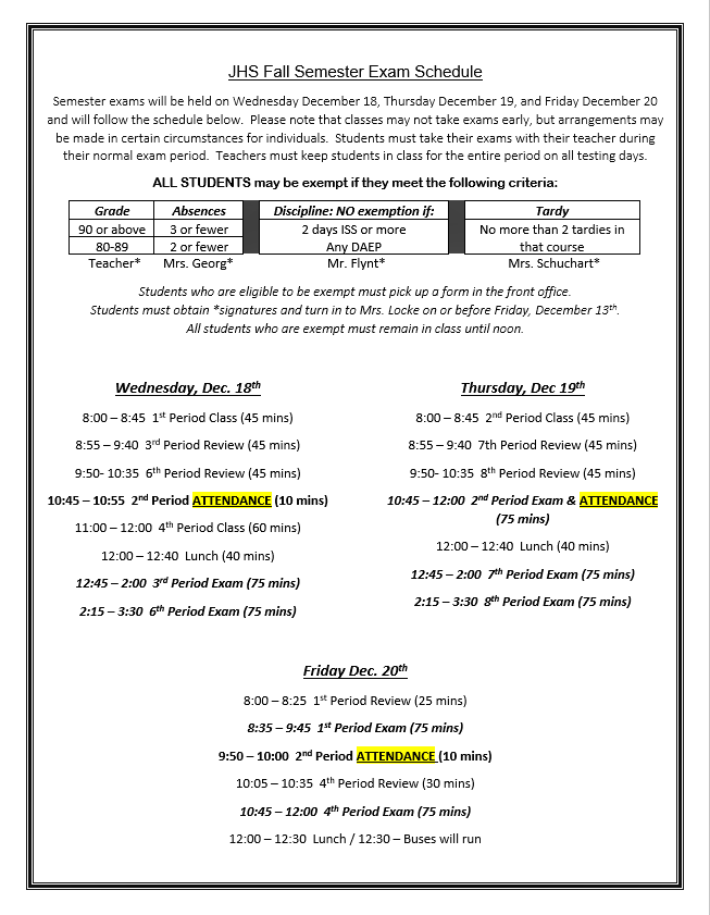 JHS Semester Exam Policy